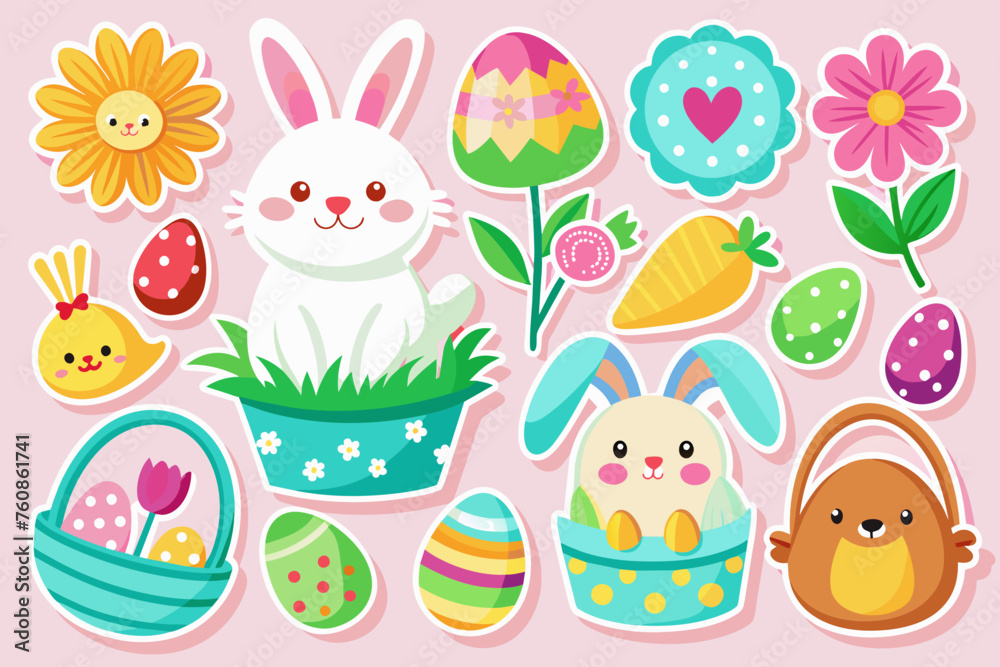 easter stickers for kids on white background, vector illustration 