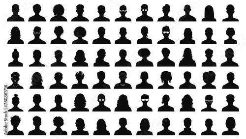 People avatars silhouettes. Front view outlined shoulder portraits on white, young male and female anonymous silhouette heads isolated vector collection #760861716