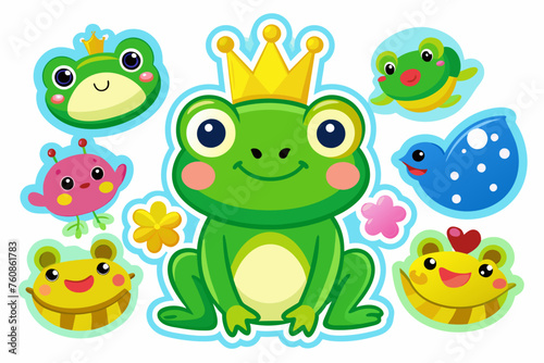  frog stickers for kids on white background, vector illustration
