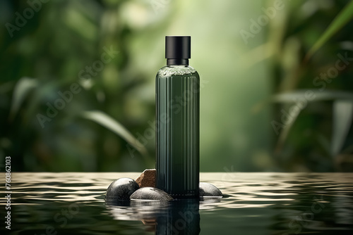 green bottle of shampoo on rock with water and bamboo background