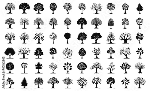 Tree black icons. Abstract trees silhouettes on white, oak spruce pine poplar linden ash willow plants simple decoration shapes, graphics collection