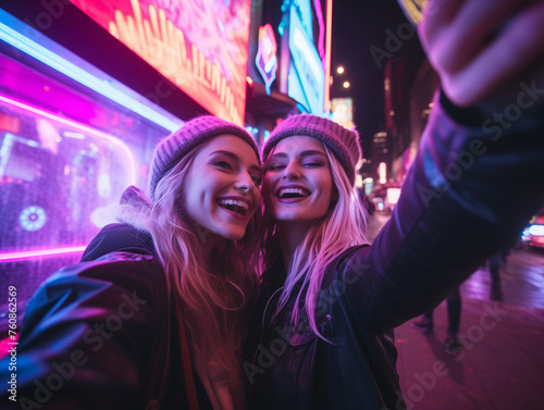 photo of two girls taking a selfie outside of a neon lit nightclub downtown