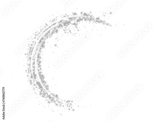 White round shape with small dust trail particles and lights. Abstract light lines of motion and speed with white colored sparks. Light everyday glowing effect. Semicircular wave. Curve light track.