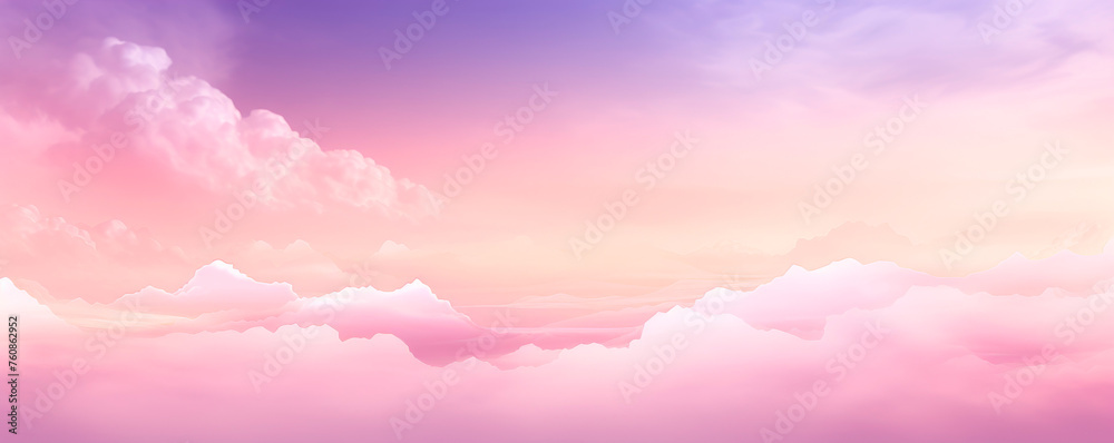 The sky is painted in a mesmerizing blend of pink and purple hues, with fluffy clouds scattered across the horizon, creating a stunning and dreamy landscape. Banner. Copy space