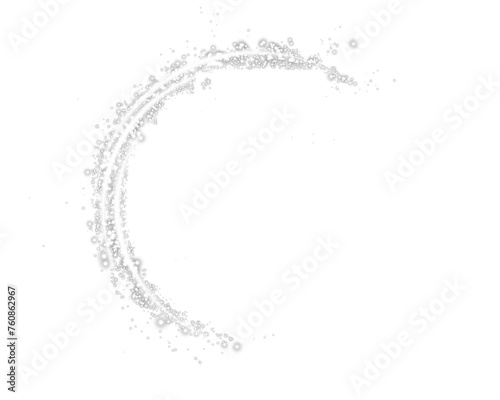 White round shape with small dust trail particles and lights. Abstract light lines of motion and speed with white colored sparks. Light everyday glowing effect. Semicircular wave. Curve light track.