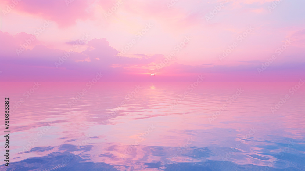 In the serene scene, vibrant pink and blue skies with fluffy clouds are mirrored in calm waters, creating a mesmerizing display of colors and shapes. Banner. Copy space