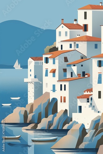 Serene Coastal Town - Stylized Illustration for Travel, Leisure, and Lifestyle