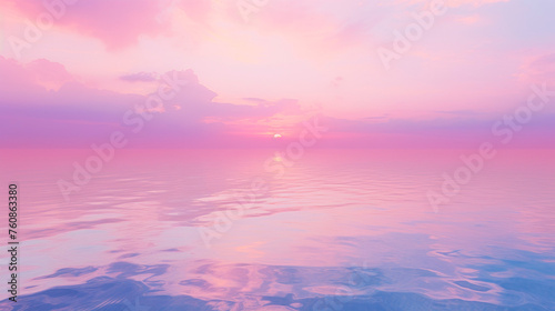 In the serene scene  vibrant pink and blue skies with fluffy clouds are mirrored in calm waters  creating a mesmerizing display of colors and shapes. Banner. Copy space