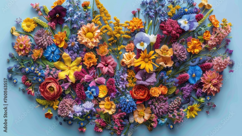 a bunch of colorful flowers arranged in a heart shape on a blue background with a place for text or image.