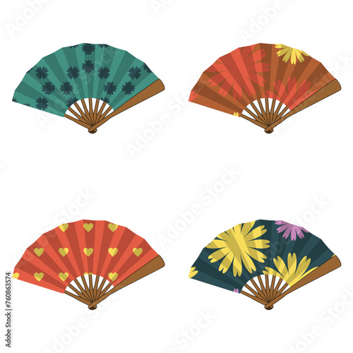 set with different ornament fans on white background decorative collection art design objects clipart	