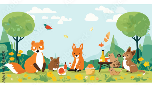 A whimsical scene of animals having a picnic on a s
