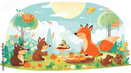 A whimsical scene of animals having a picnic on a s