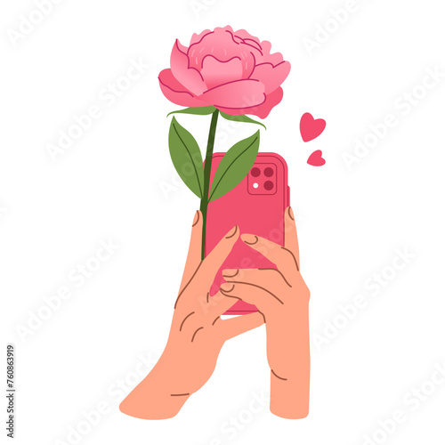 Hands Holding Phone and Gorgeous Peony Flower Colored Illustration.  Trendy design concept.  Girl with peony holding pink phone. Vector illustration