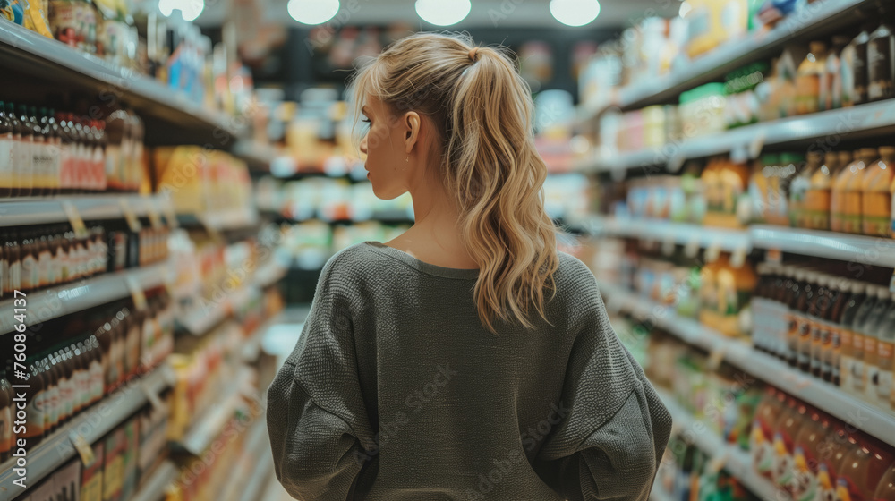A contemplative woman with ponytailed blonde hair viewing grocery options in a store aisle, highlighting decision-making in shopping.