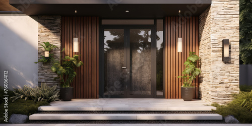 A view of a modern house and its security entrance door. Nice greenery to complement the building. photo