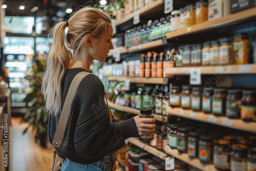 A contemplative woman with blonde hair in a ponytail looking at organic grocery options in the aisle of a store, highlighting decision making in purchases. Consumer choice, product selection.