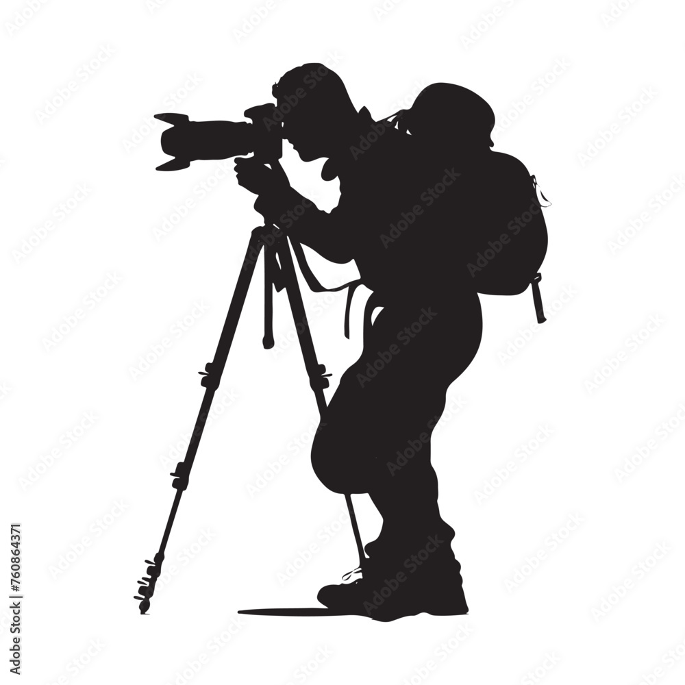 black silhouette of a Photographer with Camera with thick outline side view isolated