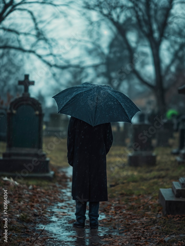 Solitary Figure in Rain at Cemetery