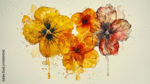 a group of three flowers sitting on top of a piece of paper in front of a white wall with drops of paint on it.