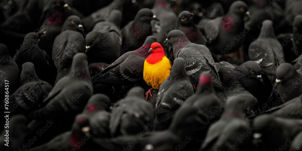 Obraz premium Colorful Bird Amongst Grey Pigeons