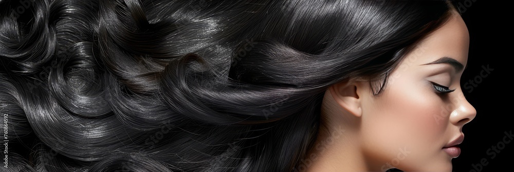 Dark hair background showcasing healthy, smooth, and shiny texture for captivating visual allure Dark hair background showcasing healthy, smooth, and shiny texture for captivating visual allure