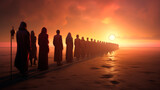 A diverse group of individuals, friends, and strangers standing together on a wooden pier, gazing out at the horizon.  faces as they enjoy the scenic view. Banner. Copy space