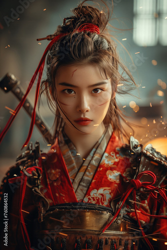 Digital art of female samurai with a katana. Fantasy scene of japanese woman warrior in action.