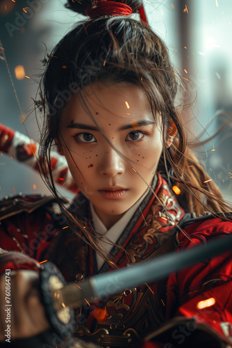Digital art of female samurai with a katana. Fantasy scene of japanese woman warrior in action.