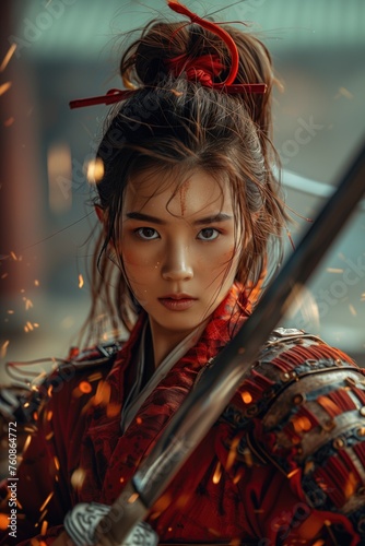 Digital art of female samurai with a katana. Fantasy scene of japanese woman warrior in action
