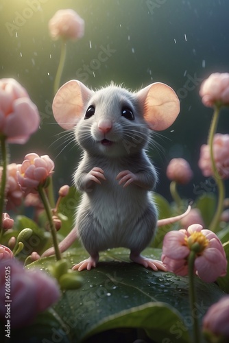 Cute little mouse standing under a flower