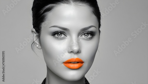 Wall art framework, monochrome vlack and white portrait of a brunette model with orange lips photo