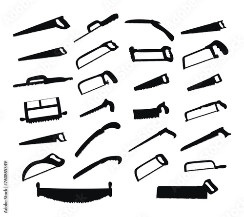 Large set of black silhouettes of hacksaws, saws. Joiners cutting tools. Isolated vector