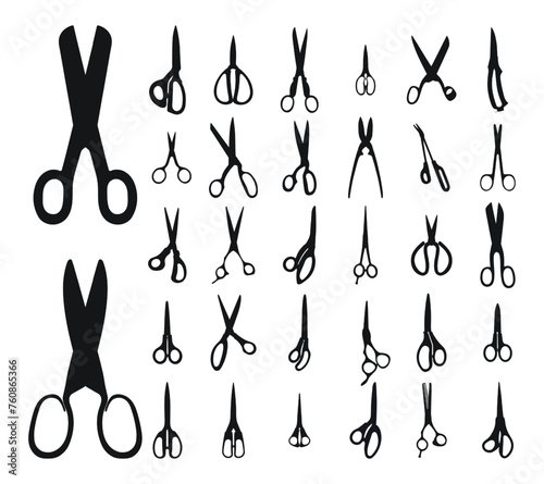 Big set of scissors silhouettes, isolated vector