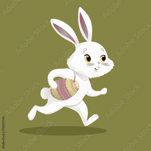   ute Easter bunny is in a hurry for the holiday holding a colorful egg in his paws.