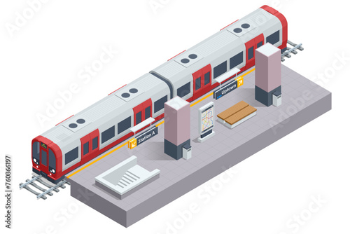 Isometric subway station platform. Included underground train, station and route cross section, bridge. Subway station, railway rapid transit system, metro platform