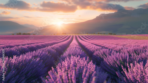 A photograph of a lavender field in even rows stretching into the distance, mountains and a sunrise in the background.