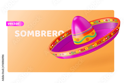 3d sombrero. Realistic mexican festival hat, traditional latin souvenir cinco de mayo day fiesta, mariachi disguise carnival holiday party fun cartoon isolated vector illustration