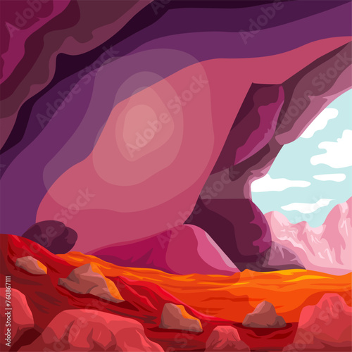 Caves landscape. Jesus empty tomb cave inside cartoon background, cavern den entrance to outside mountain forest, resurrection easter sunday