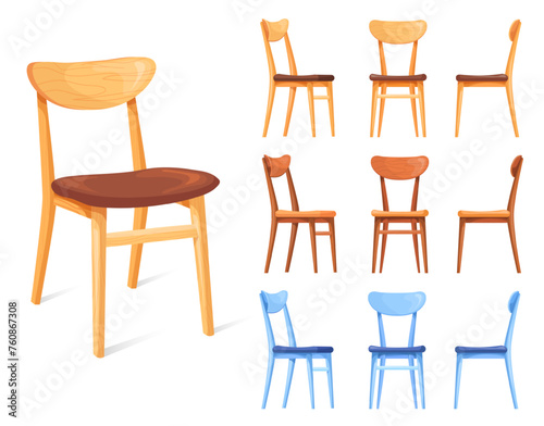 Kitchen wooden chairs. Cartoon wood chair, dining furniture antique carved seats outdoor restaurant dinner, traditional old country seat, isolated clipart neat vector illustration