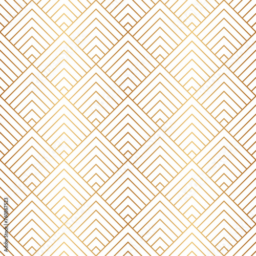 Art deco seamless pattern. Repeating line patern. Abstract diamond lattice. Gold triangle background. Repeating geometric rhomb graphic. Repeat reticulated egypt design for prints. Vector illustration