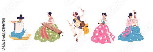Korean musicians. Musician of Korea, asian people in traditional hanbok clothes man with music instruments gayageum drum tradition performance concert, classy vector illustration