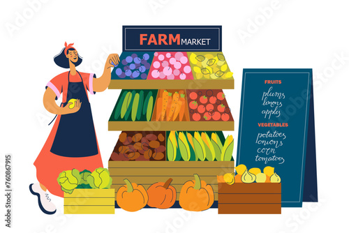 Farmers organic market stall with fruits and vegetables. Female farmer selling fresh harvest