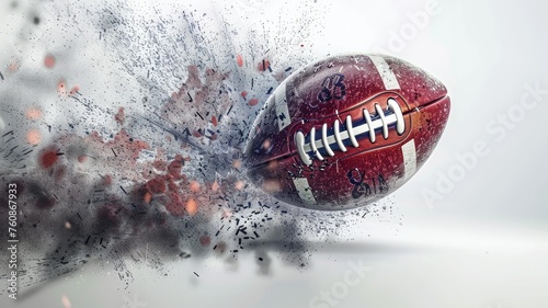 American football in explosive transformation - An American football with a powerful burst, seemingly disintegrating into small fragments, epitomizing dynamics and impact