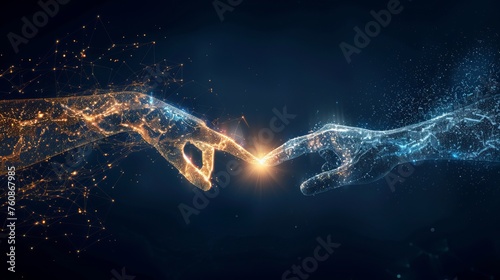 Digital Connection: Abstract Design of Human Hands Reaching Each Other in a Cosmic Display of Particles
