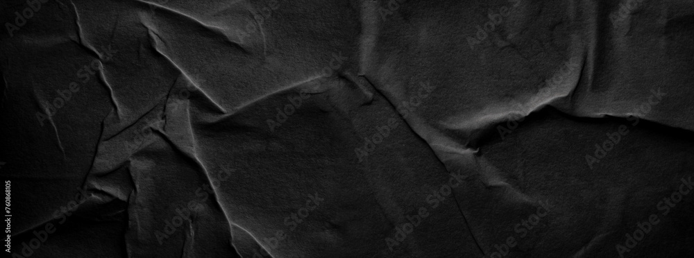 Wet black crumpled craft paper blank texture copy space horizontal long background. - obrazy, fototapety, plakaty 