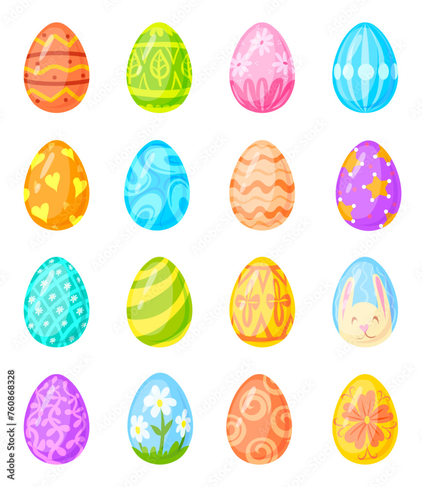 Easter decorated painted eggs. Cartoon colorful easters egg for april may vacations spring sunday religion orthodox holiday, love kid texture bright design neat vector illustration