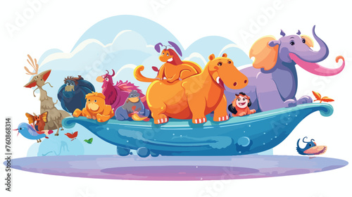 A whimsical scene of animals riding on a magical fl