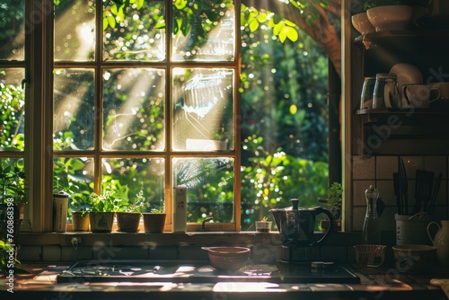 Cozy kitchen with morning sunlight - A warm and inviting kitchen scene basking in the morning sunlight, with a coffee pot and plants by the window photo