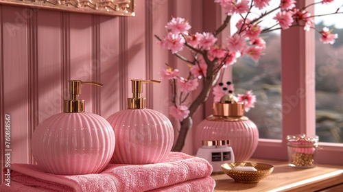 three pink soap dispensers sitting on top of a counter next to pink towels and a vase with pink flowers.