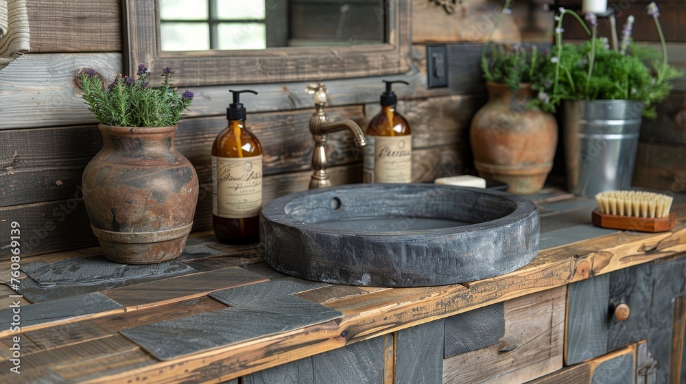 a wooden counter topped with lots of bottles of soap and a wooden bowl with a brush on top of it. a wooden counter topped with lots of bottles of soap and a wooden bowl with a brush on top of it.